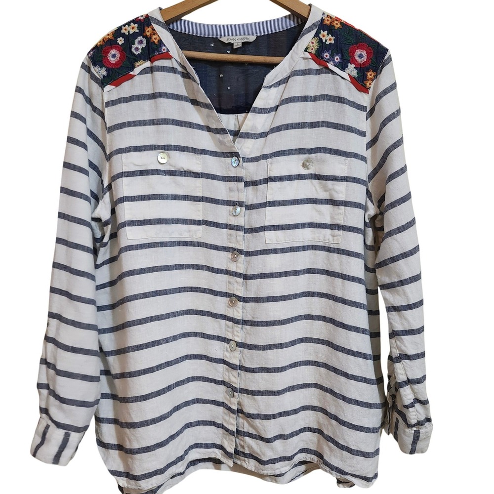 John Mark Striped 100% Linen Women Large White Blue Patchwork Florsl Mixed Print